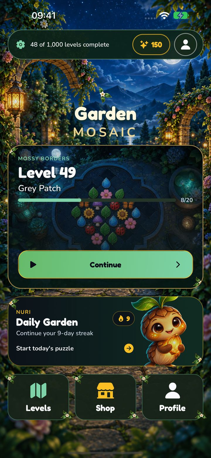 Pantalla de inicio de Garden Mosaic con el siguiente nivel listo