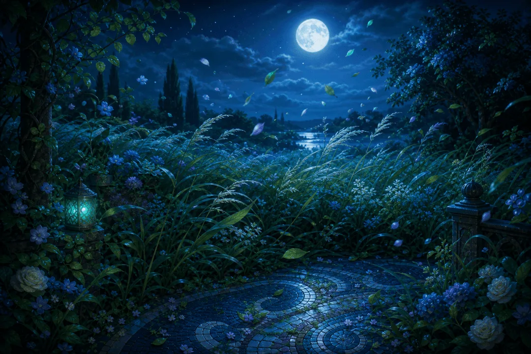Lush garden path under a full moon