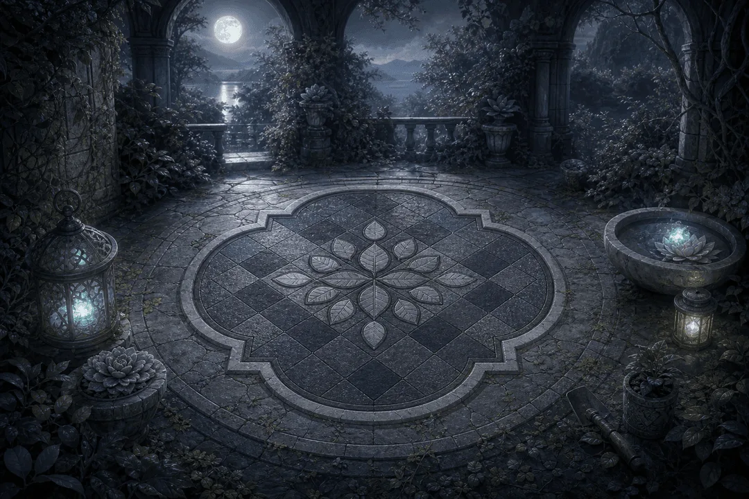 Moonlit mosaic garden courtyard